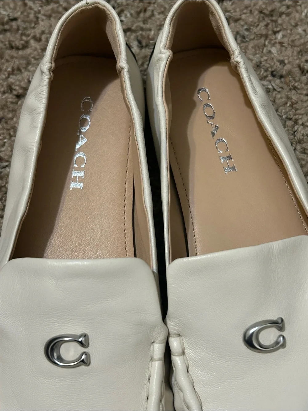COACH Cream Leather Moccasin Loafers with Silver 'C' Accent